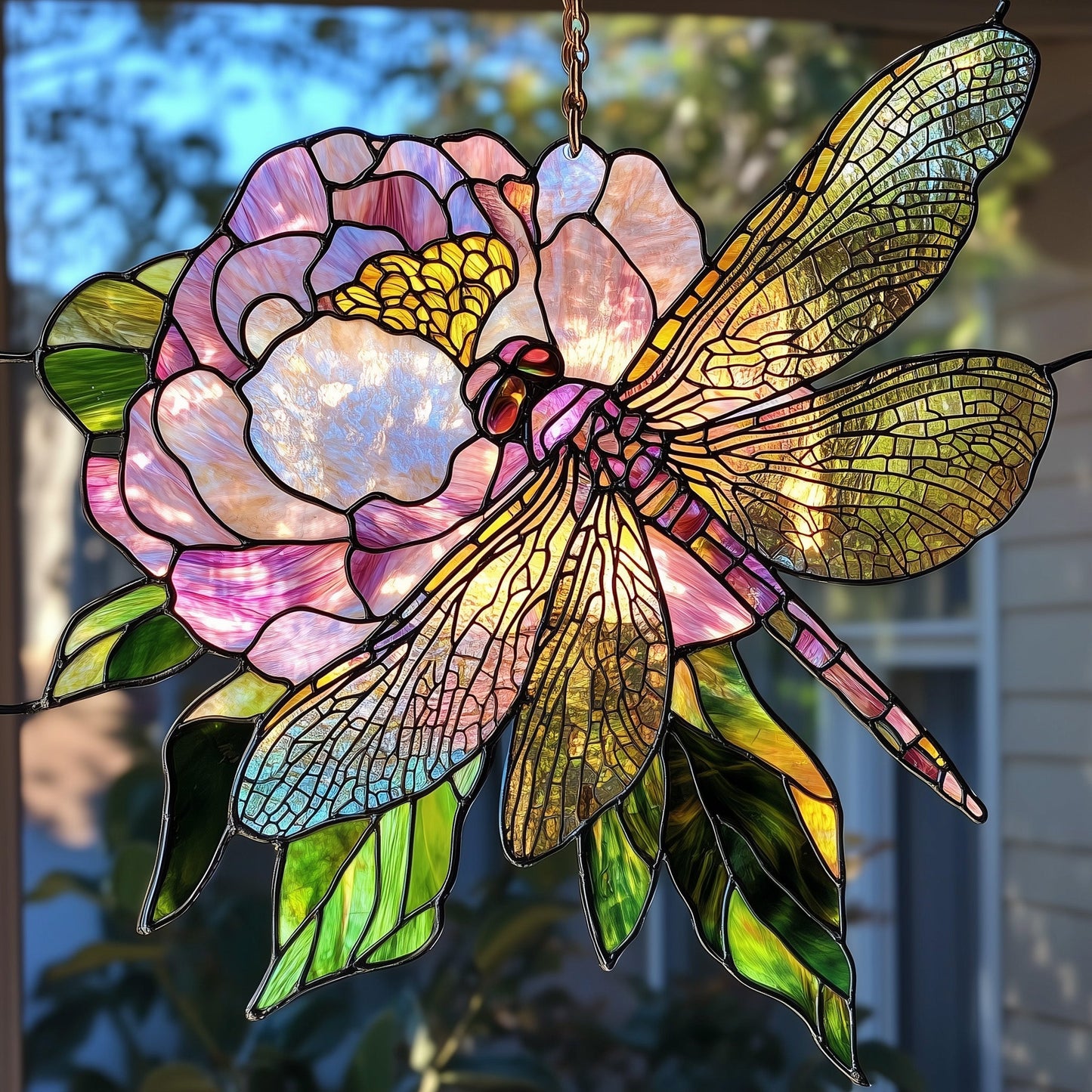 Dragonfly in Peony Garden Window Hanging Suncatcher GFTOAB4293