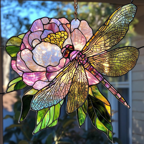 Dragonfly in Peony Garden Window Hanging Suncatcher GFTOAB4293