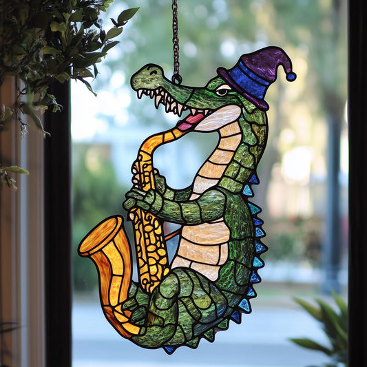 Mardi Gras Alligator Stained Glass Suncatcher GFTOAB4081