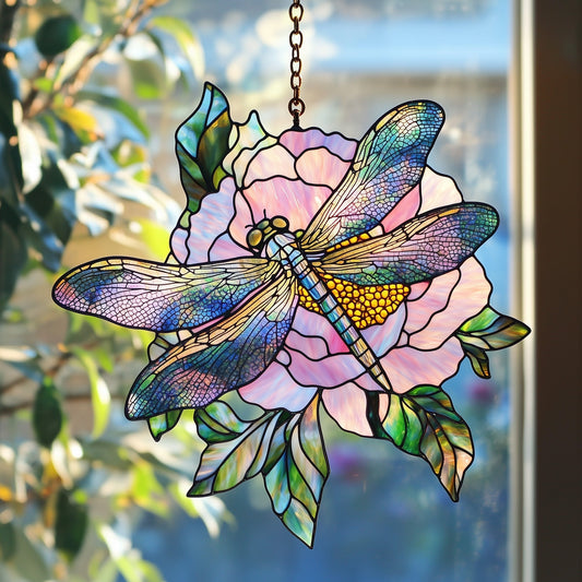 Dragonfly in Peony Garden Window Hanging Suncatcher GFTOAB4292