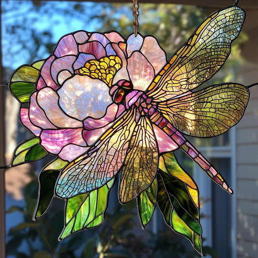 Dragonfly in Peony Garden Window Hanging Suncatcher GFTOAB4293