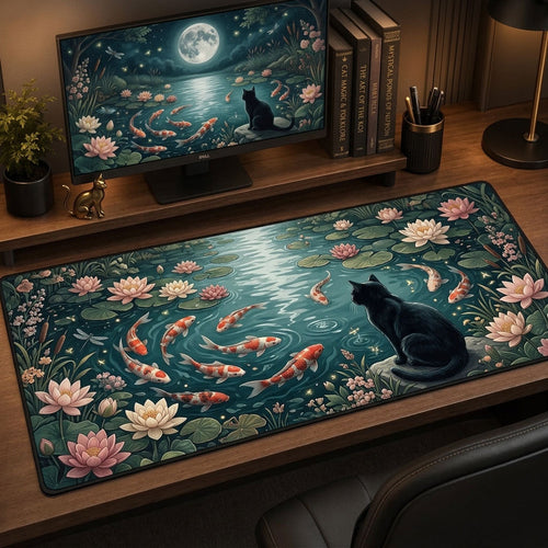 Black Cat And Koi Fish Desk Mat GFTOPND1356