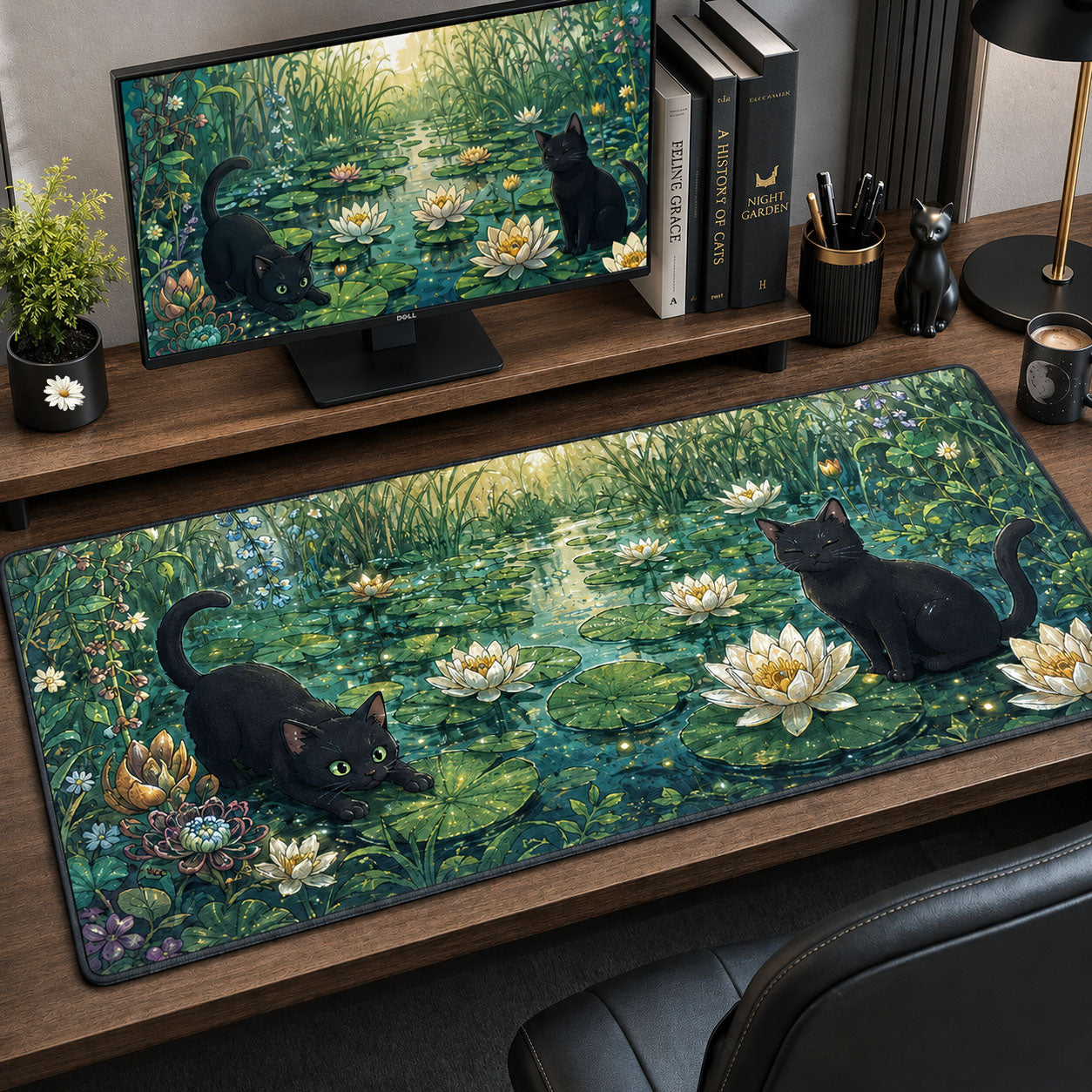 Black Cat In Pond Desk Mat GFTOPND1357