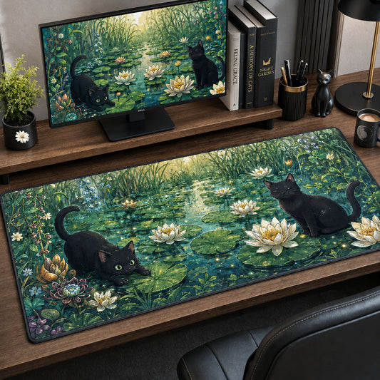 Black Cat In Pond Desk Mat GFTOPND1357