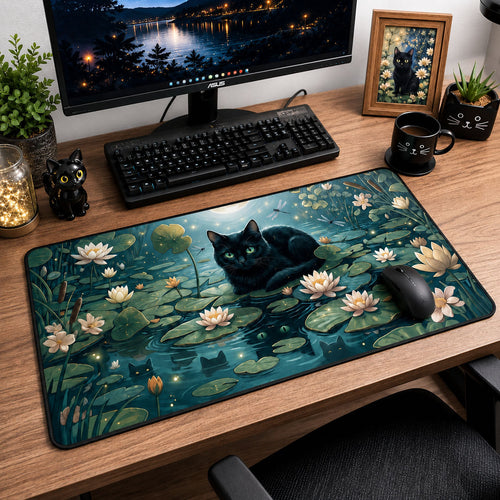 Black Cat In Pond Desk Mat GFTOPND1359